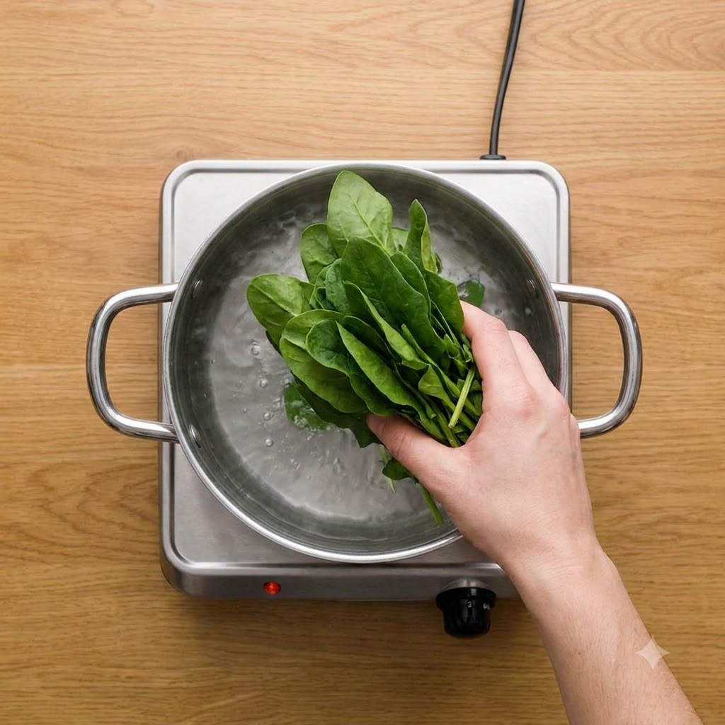 Des feuilles dépinards frais plongées dans une casserole deau bouillante à la main.