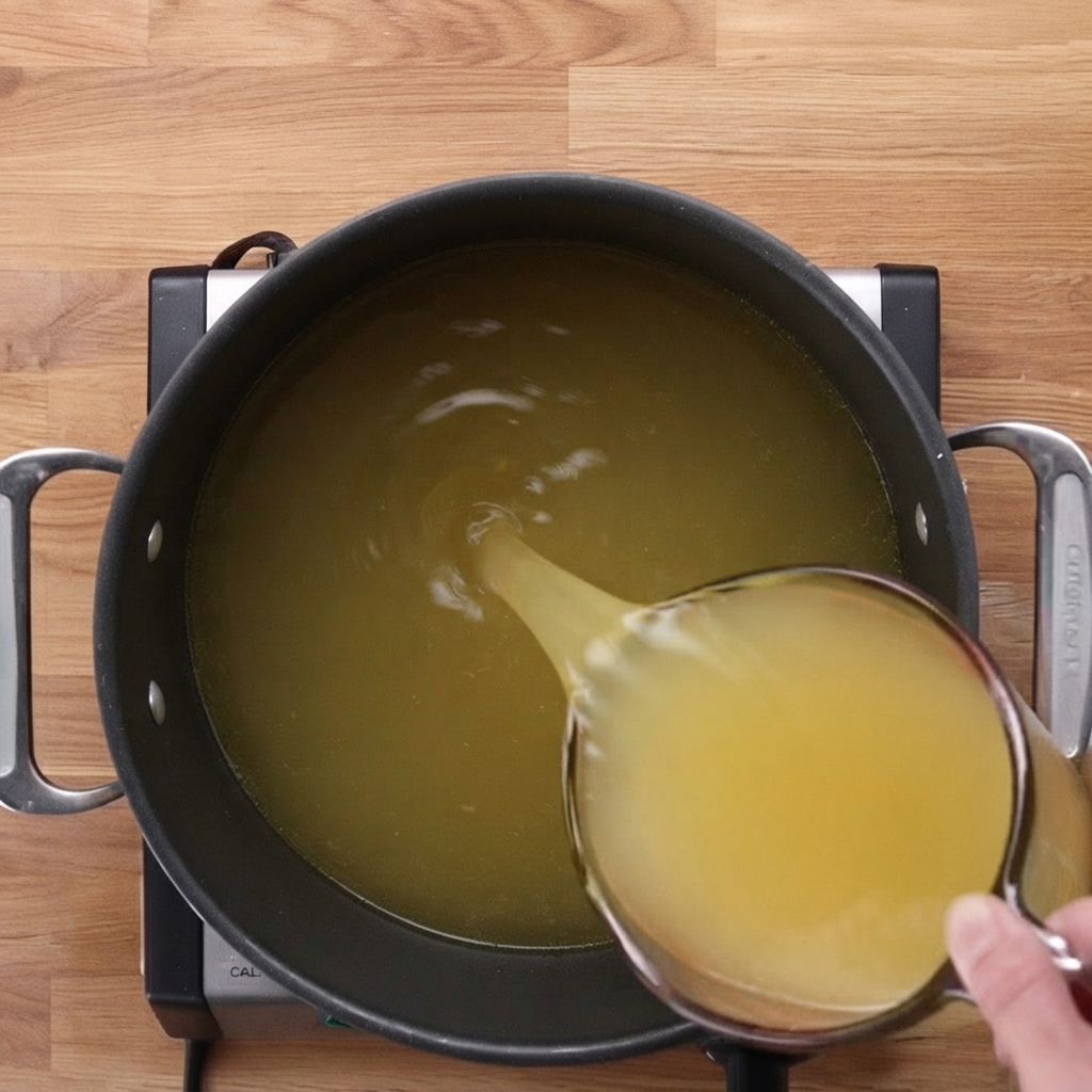 Du bouillon de poulet doré versé dun pichet dans une grande marmite.