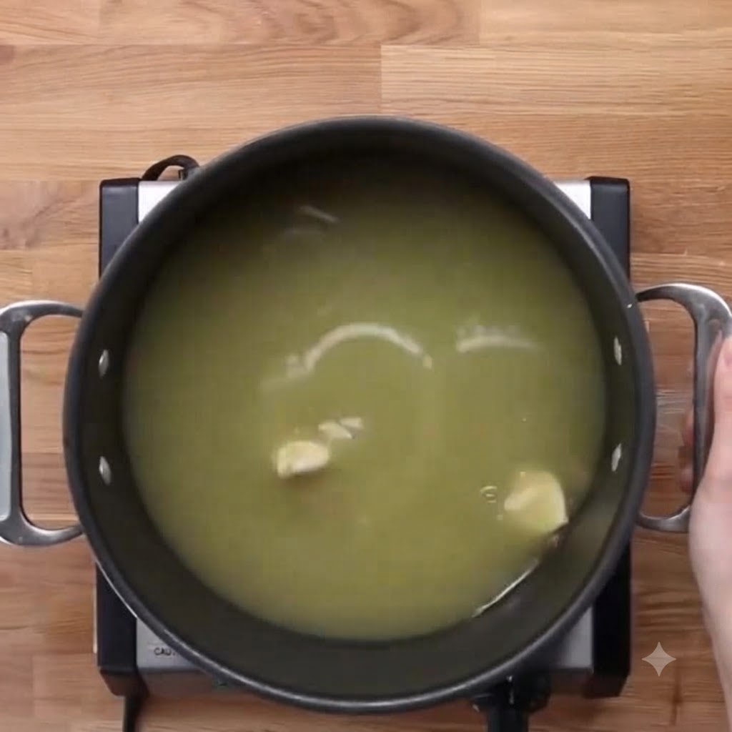 Des tranches de gingembre frais flottant dans une grande marmite de bouillon de poulet.