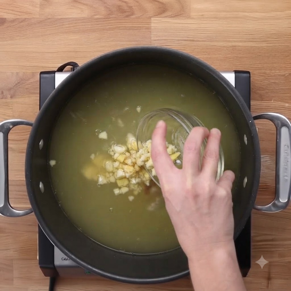 Des cébettes hachées versées dun petit bol en verre dans la marmite de bouillon.