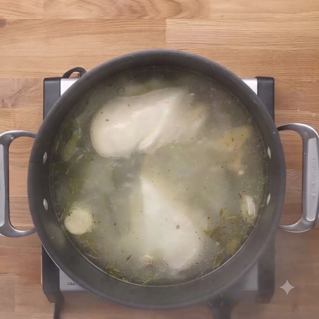 Des blancs de poulet cuits reposant dans la marmite de bouillon frémissant avant dêtre retirés.