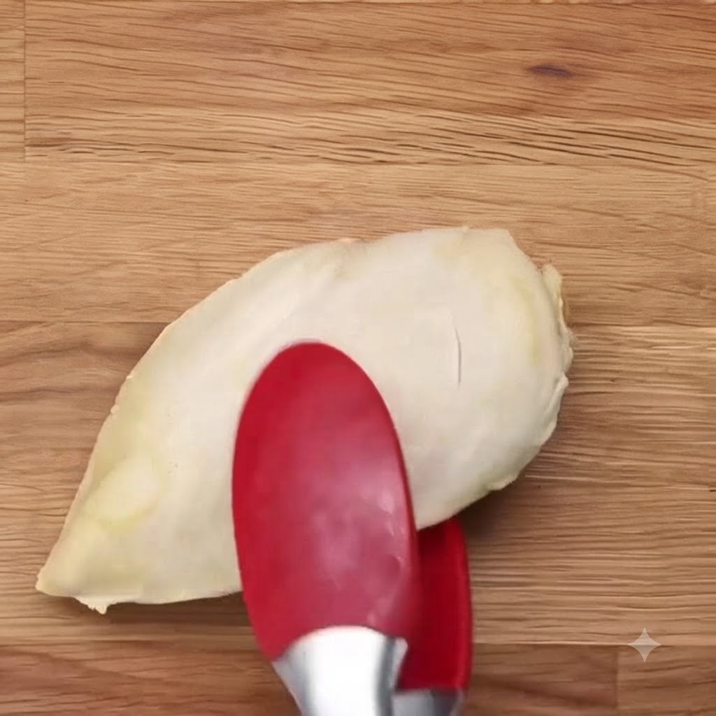 Un blanc de poulet cuit sur une planche en bois tenu par des pinces rouges.