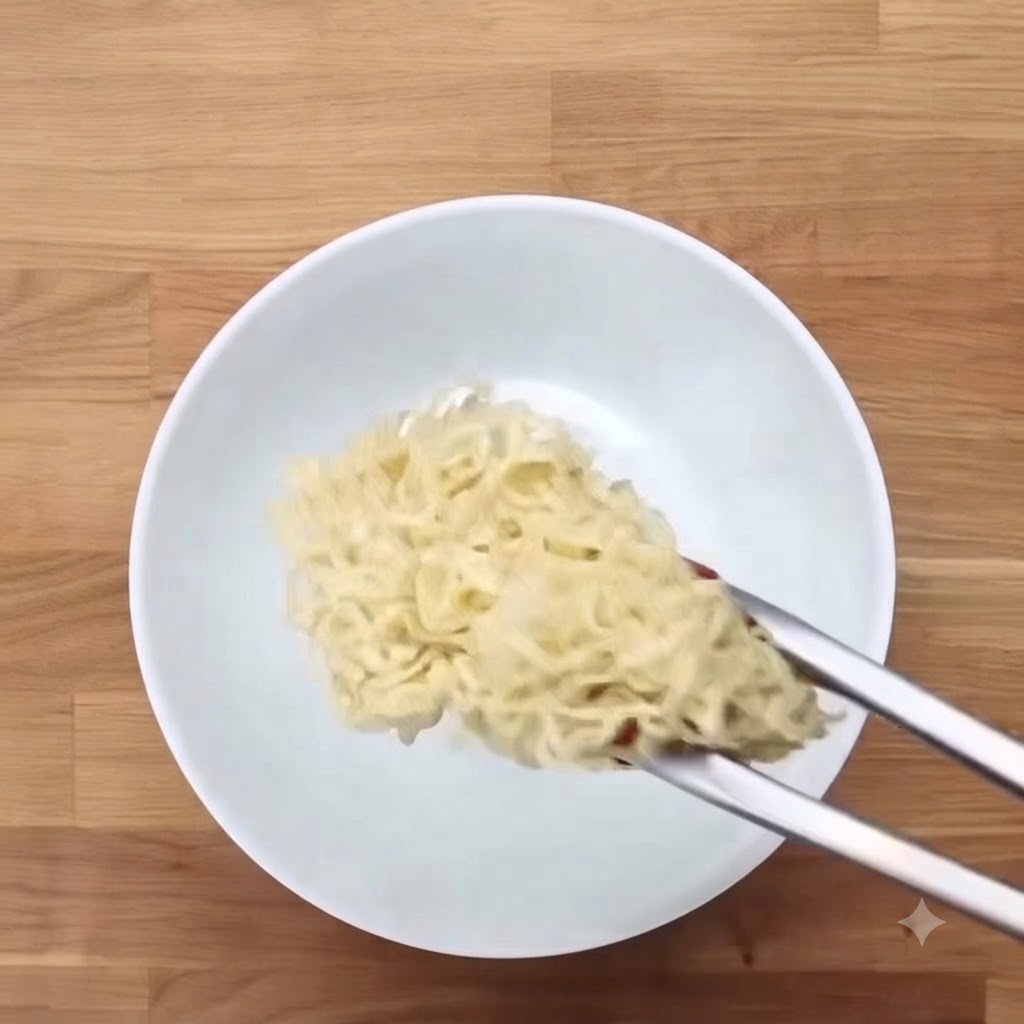 Des pinces plaçant une portion de nouilles ramen cuites au centre dun bol de service en céramique blanche.