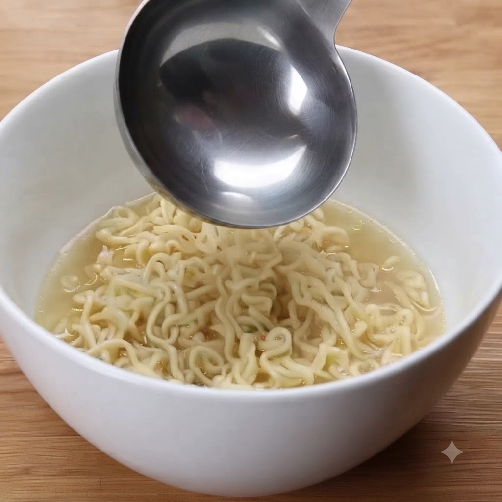 Une louche versant du bouillon de poulet chaud directement dans un bol blanc rempli de nouilles ramen ondulées.