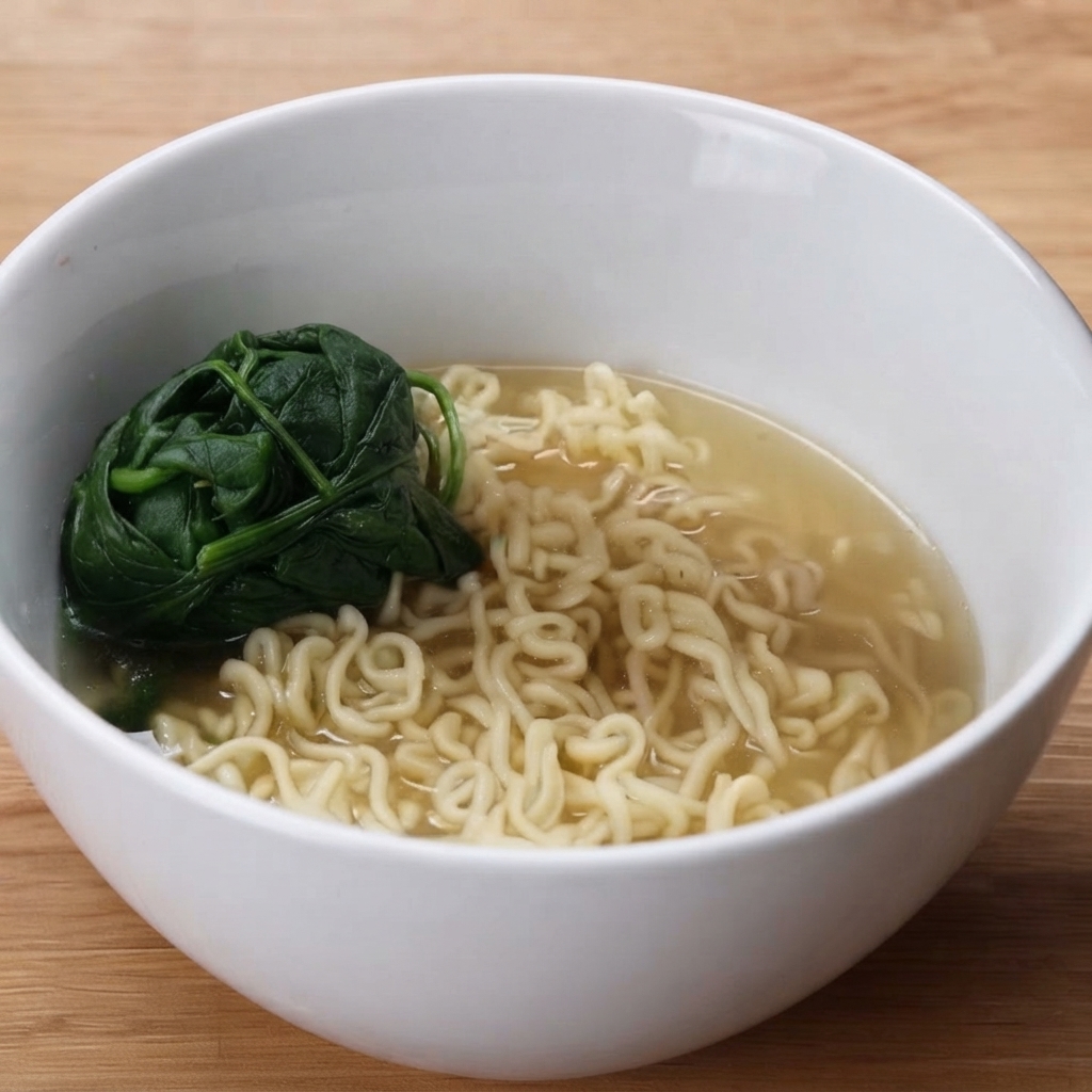 Des épinards blanchis et des grains de maïs jaune disposés dans un bol de ramen.