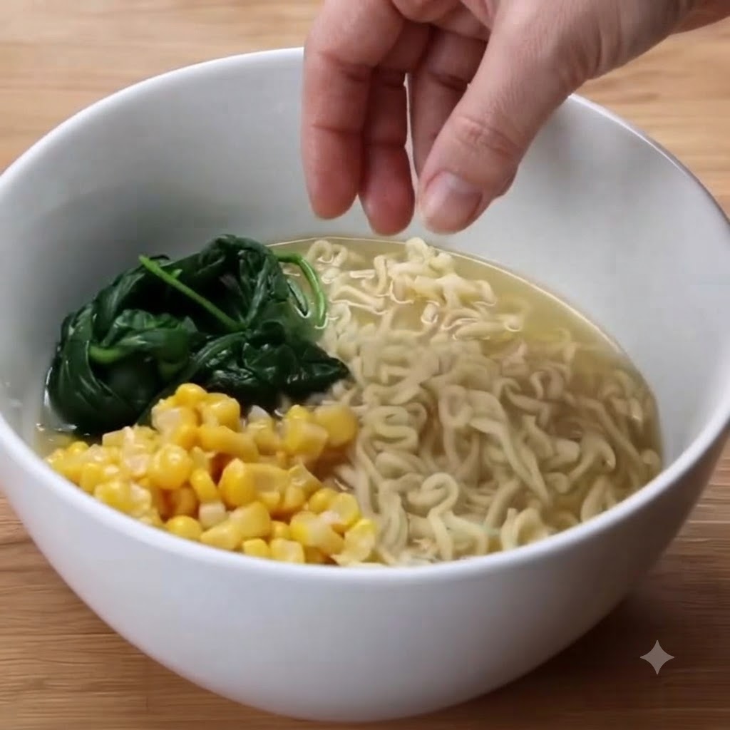 Une main plaçant une portion dépinards cuits à côté du maïs sauté dans un bol de ramen.