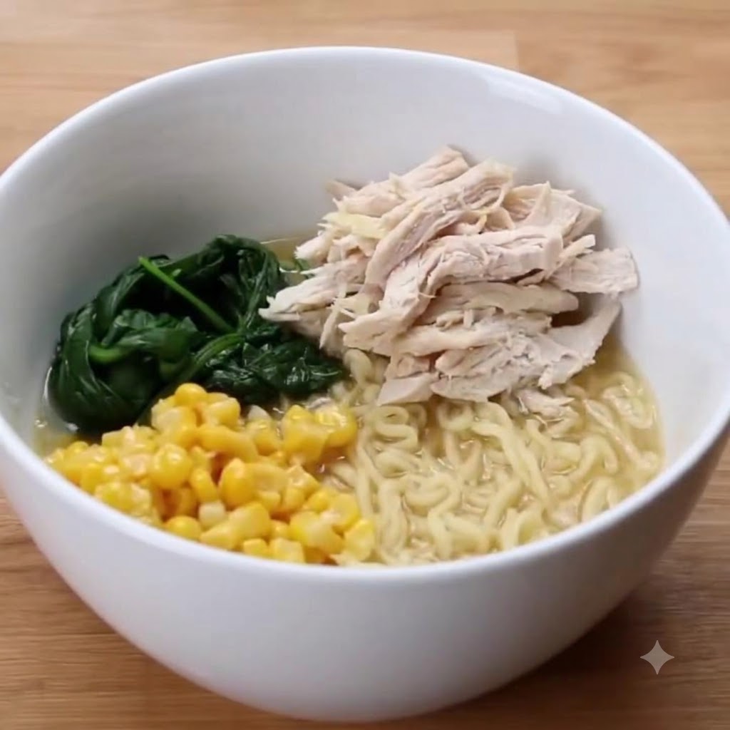 Un monticule de blanc de poulet effiloché reposant sur des nouilles ramen, du maïs et des épinards dans un bol.