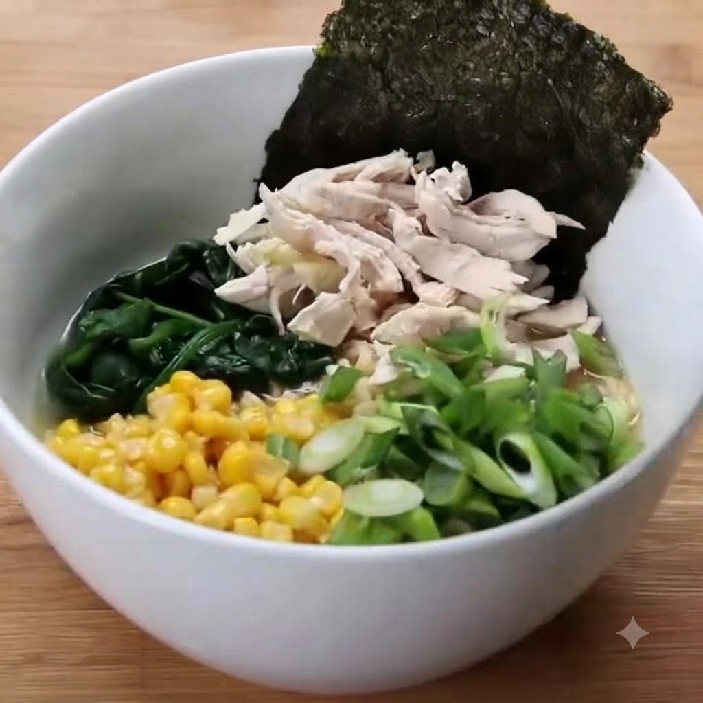 Un demi-œuf mollet soigneusement placé sur le bol de ramen à côté du poulet effiloché, des épinards, du maïs, des cébettes et du nori.