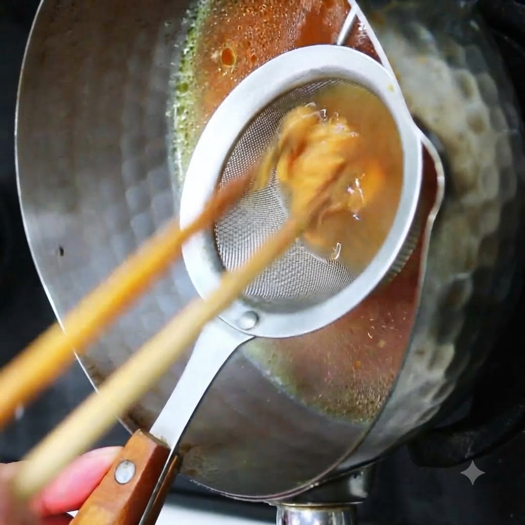 De la pâte de miso dissoute à travers une passoire métallique dans une casserole de bouillon à laide de baguettes.