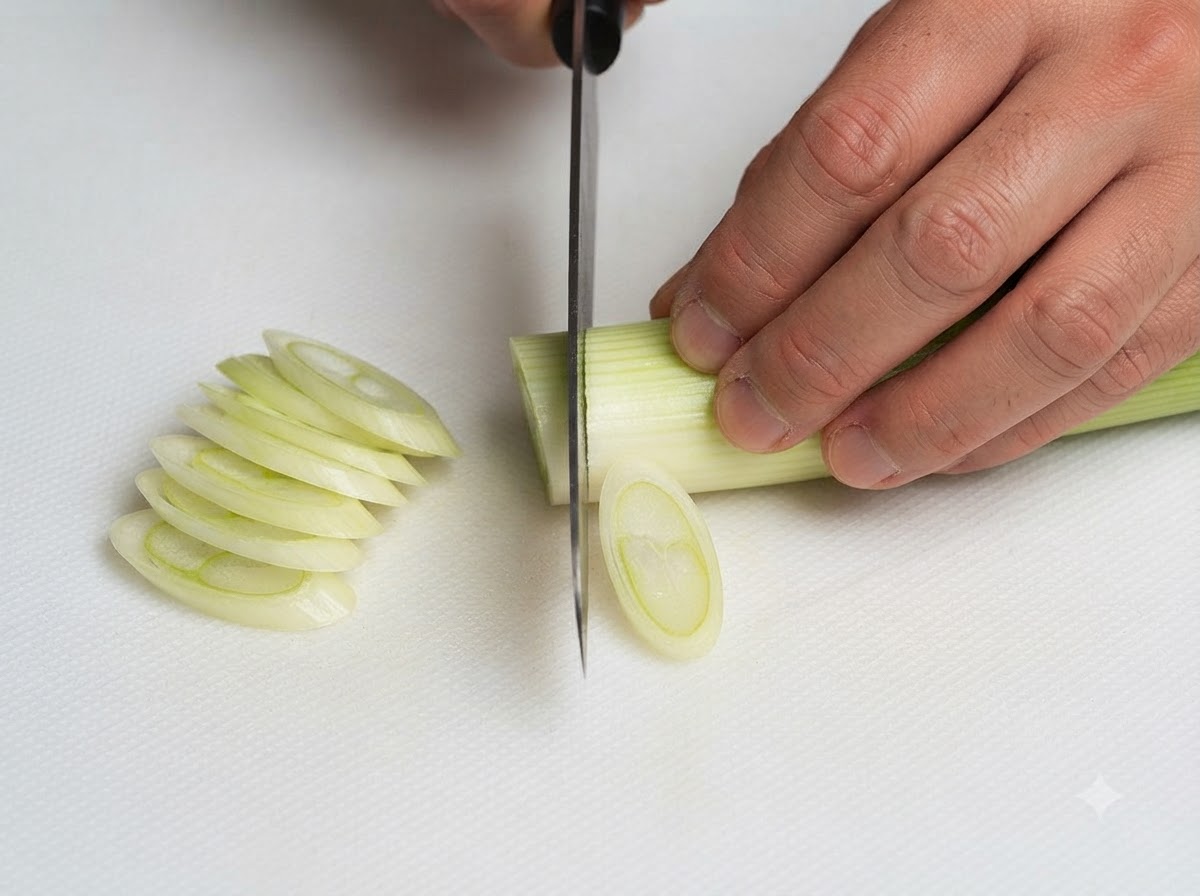 Un couteau de cuisine tranchant un oignon vert sur une planche à découper blanche à côté dune pile de rondelles tranchées.