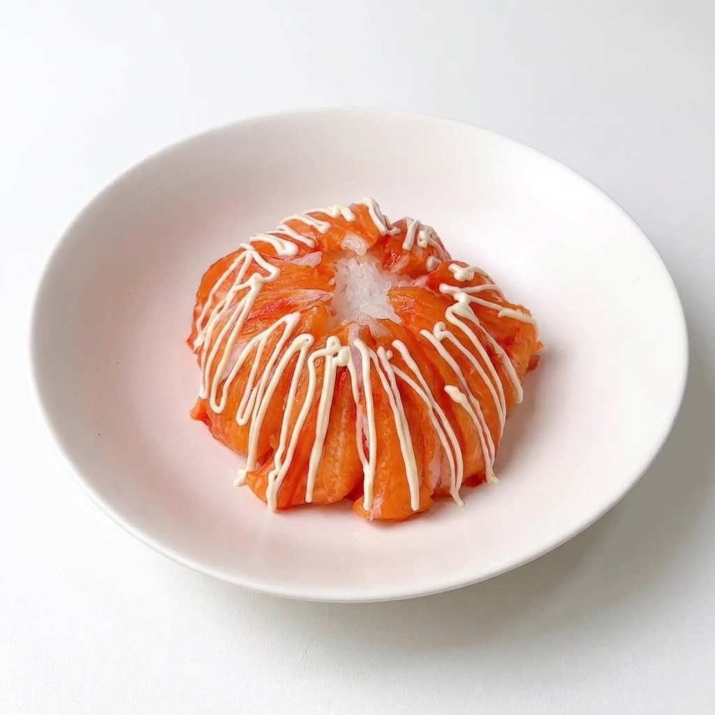 De la sauce blanche de torréfaction versée en lignes régulières à partir dun flacon souple sur les bâtonnets de surimi disposés.