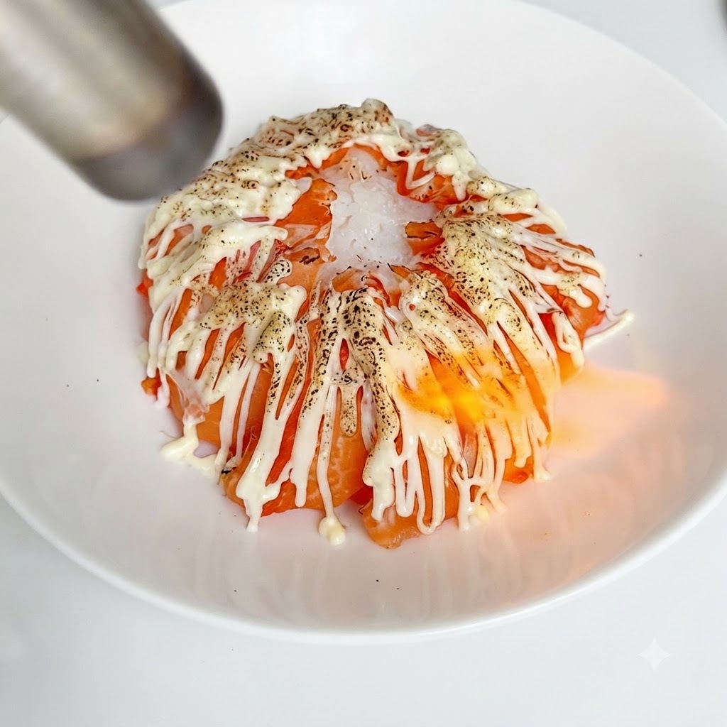 La flamme dun chaluchet de cuisine brunissant le dessus des bâtonnets de surimi nappés de sauce dans un bol blanc.