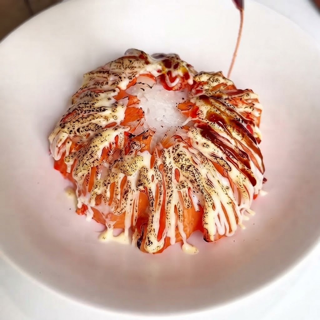 De la sauce anguille foncée versée en fines lignes sur larrangement de surimi torréfié.