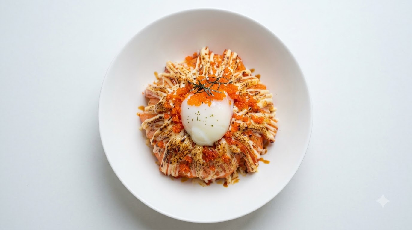 Un bol de riz au surimi torréfié terminé et garni dun œuf onsen, dœufs de poisson orange et dun filet de mayonnaise et de sauce kabayaki